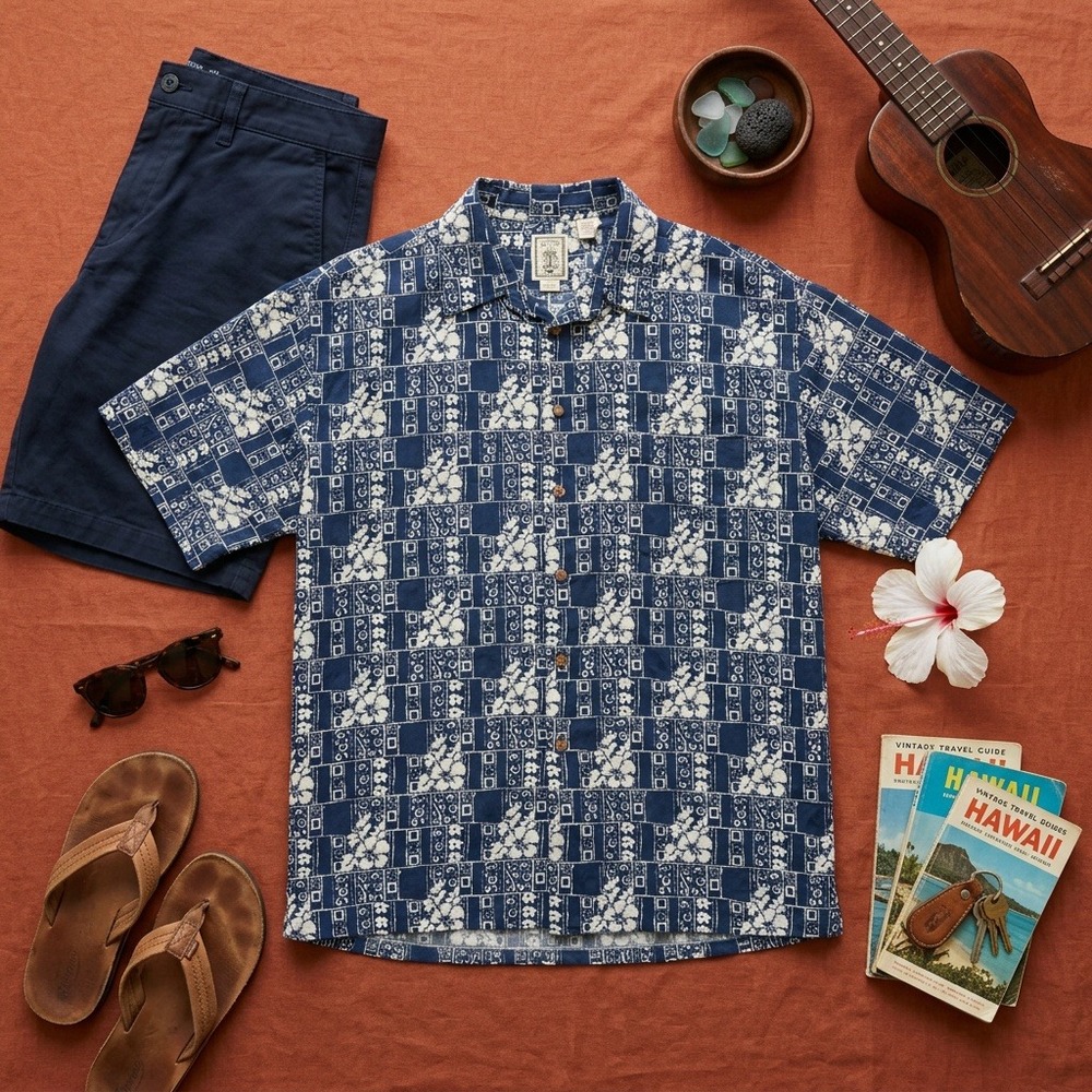 Roundtree & Yorke Men's XL Hawaiian Shirt Blue Floral Rayon Short Sleeve